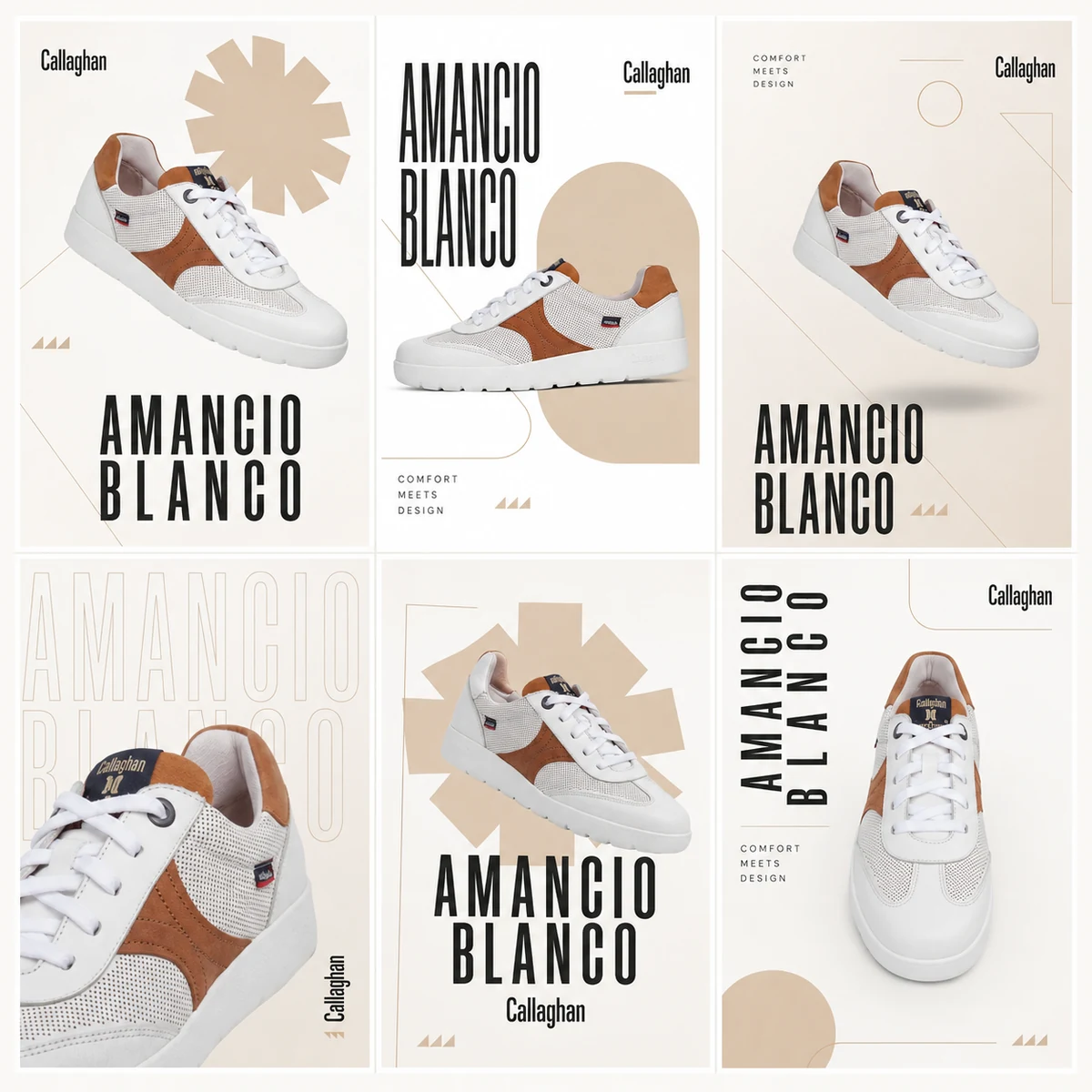 Seis versiones de una misma pieza para el modelo Amancio Blanco de Callaghan, puestas juntas en rejilla: cambian el encuadre del zapato, la posición del titular y los elementos gráficos, manteniendo la misma tipografía y la misma paleta arena. La fotografía de producto es del fabricante; la composición y el diseño gráfico son propios