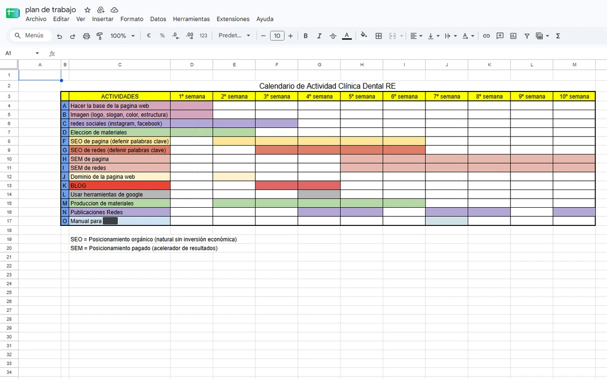Hoja de cálculo con el calendario de actividad de Clínica Dental Rodríguez Estévez: quince tareas —web, imagen de marca, redes, materiales, SEO y SEM de página y de redes, dominio, blog y publicaciones— repartidas por colores a lo largo de diez semanas, con una leyenda que distingue posicionamiento orgánico de posicionamiento pagado. En la última tarea aparece tapado el nombre propio de una persona del cliente