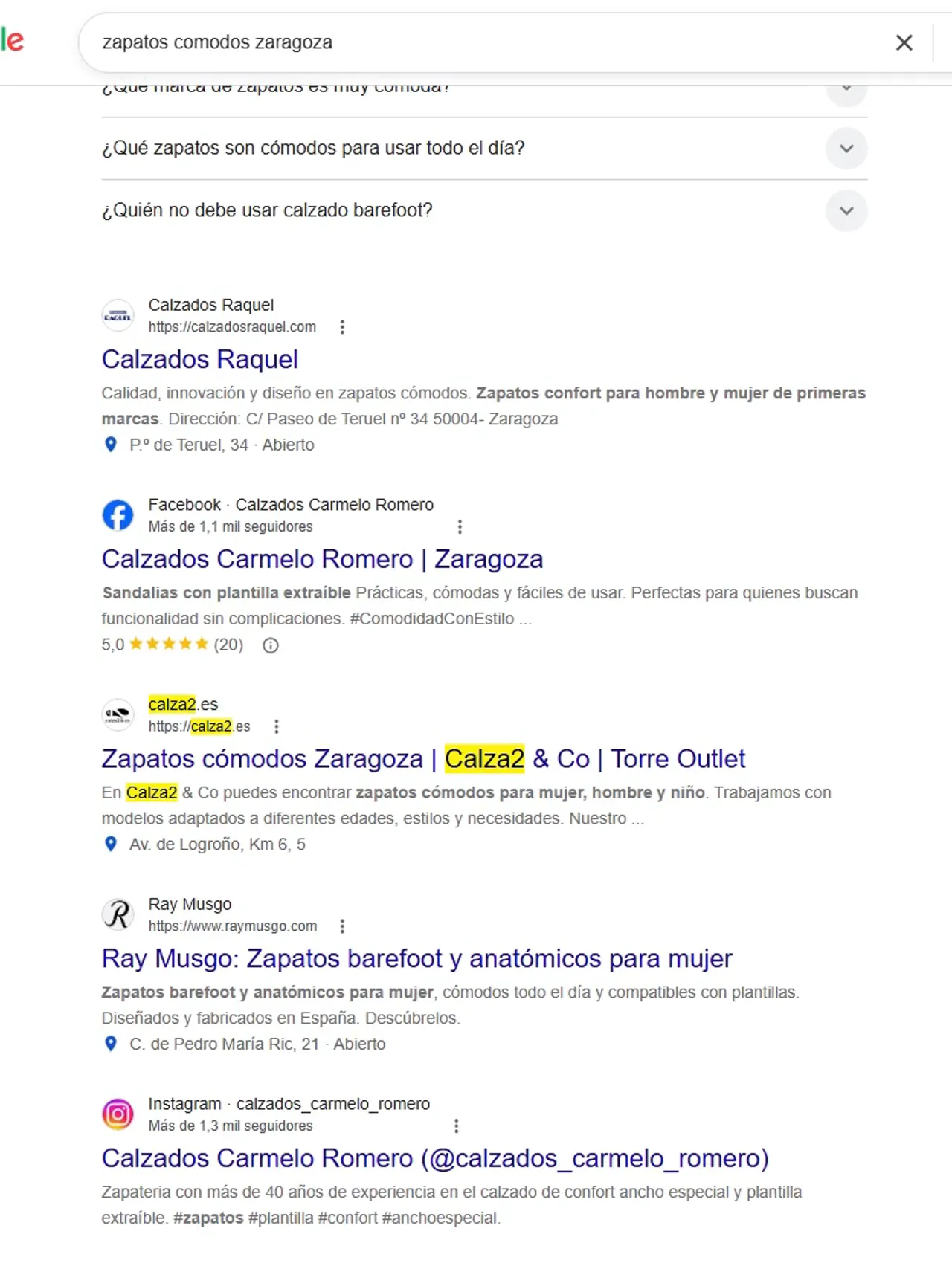 Grabación de pantalla de una búsqueda en Google del 24 de agosto de 2026. En la barra se lee «zapatos comodos zaragoza» y, al bajar por los resultados, aparece calza2.es en la primera página con el título «Zapatos cómodos Zaragoza | Calza2 & Co | Torre Outlet». Sin sonido.