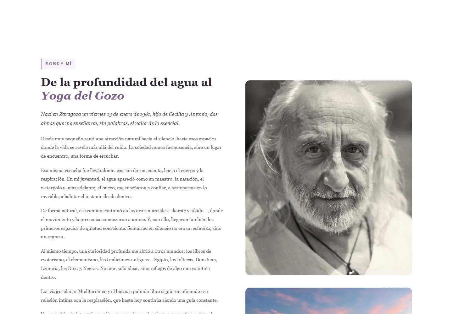 Página "Mi viaje hacia la yoga" de bhogayoga.es, con el relato personal a una columna.