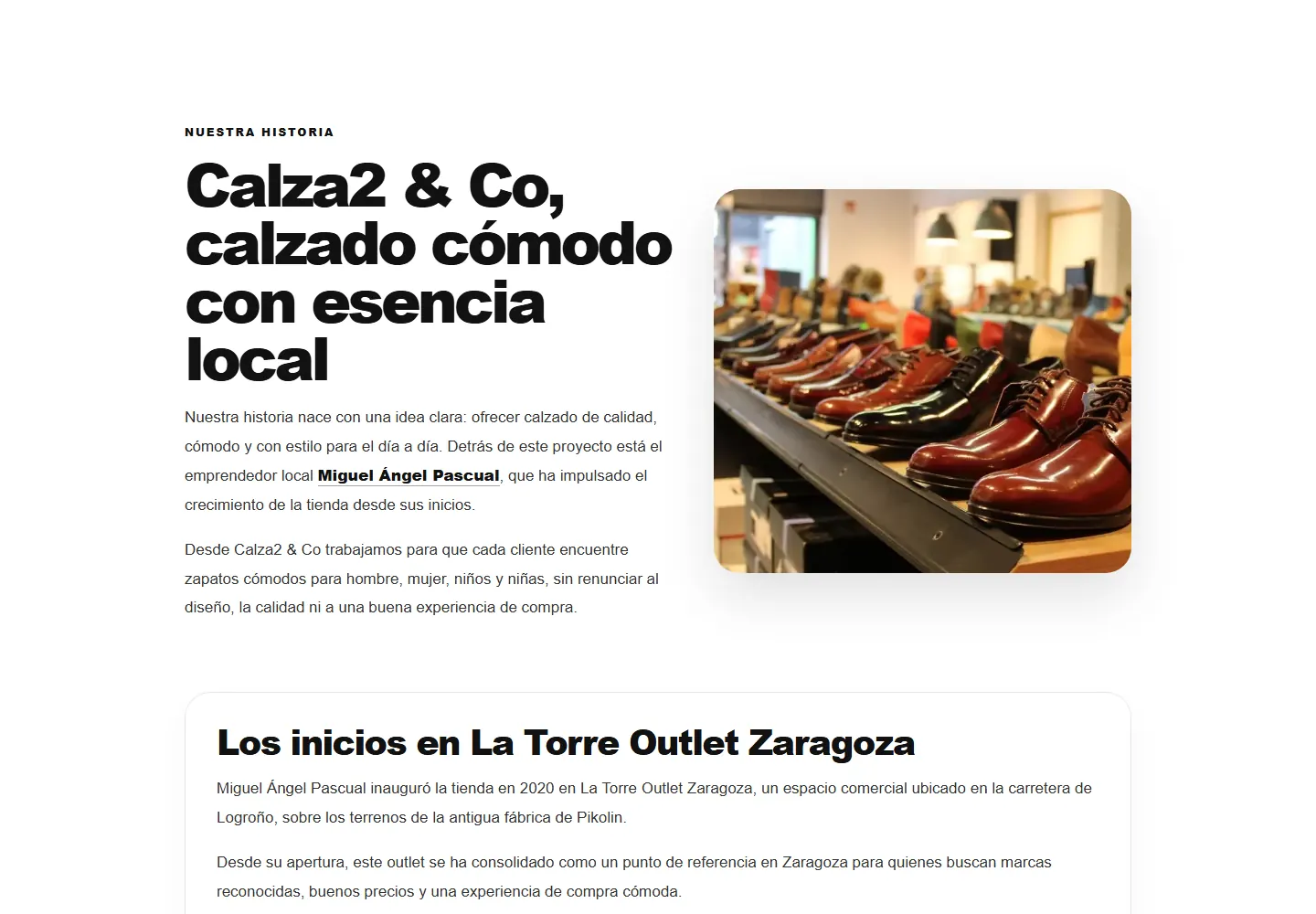 Página "Nuestra historia" de calza2.es, con el relato del origen del comercio.
