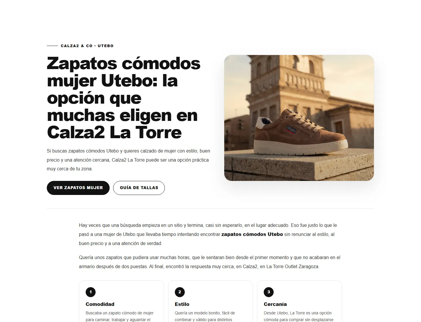 Página de calza2.es dedicada a la búsqueda de zapatos cómodos en Utebo.