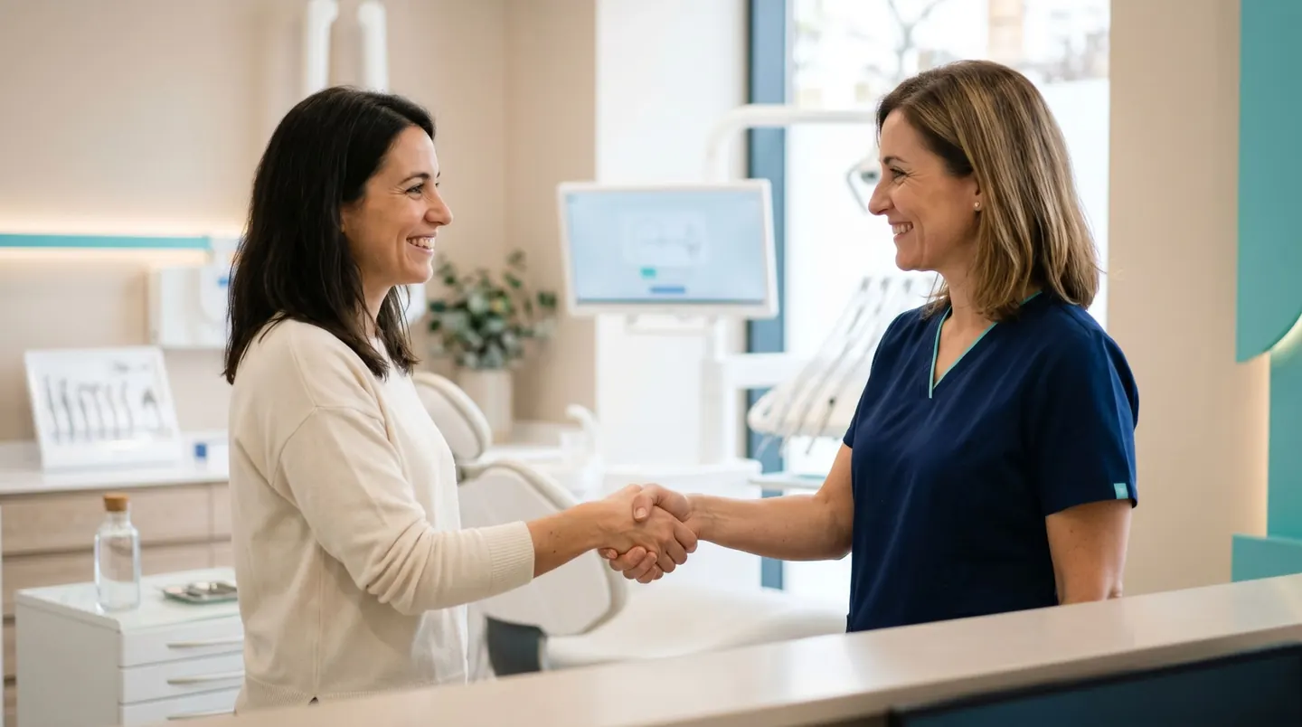 Imagen generada con inteligencia artificial para la web de la clínica: dos personas se dan la mano en un gabinete dental.